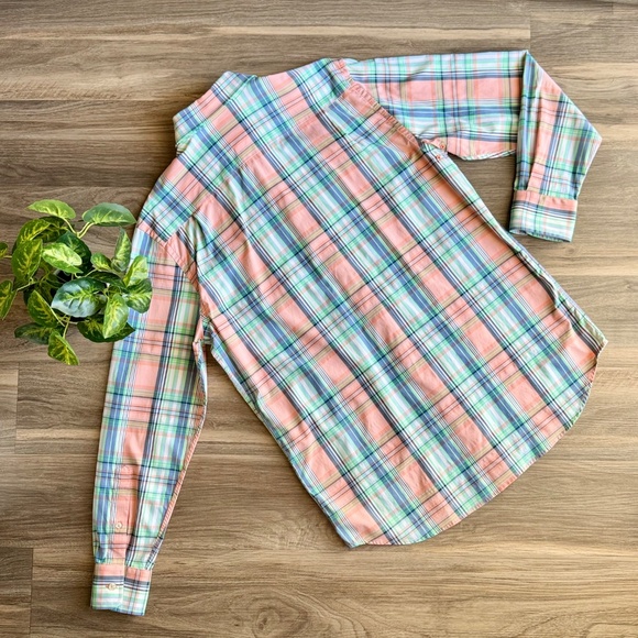 Southern Tide Medium Performance Stretch Collared Shirt Peach Green Plaid - Picture 13 of 14